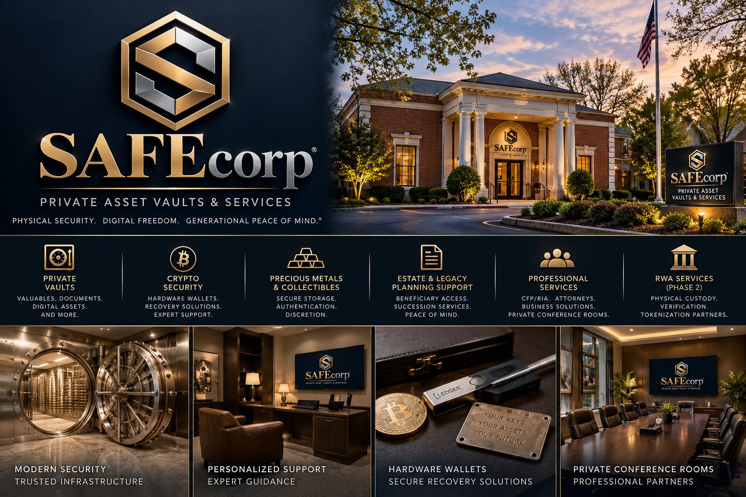 SAFEcorp gold and silver branding with a conceptual bank location, private vaults, hardware wallets, professional support and conference rooms